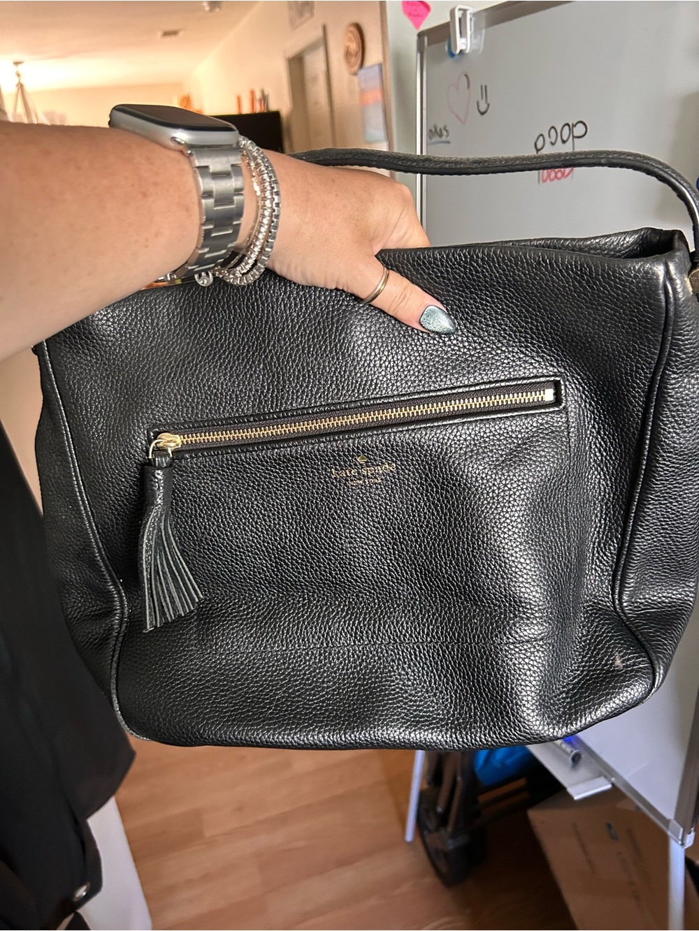 kate spade Black Pebbled Leather Shoulder Bag with Tassel Zip Pocket